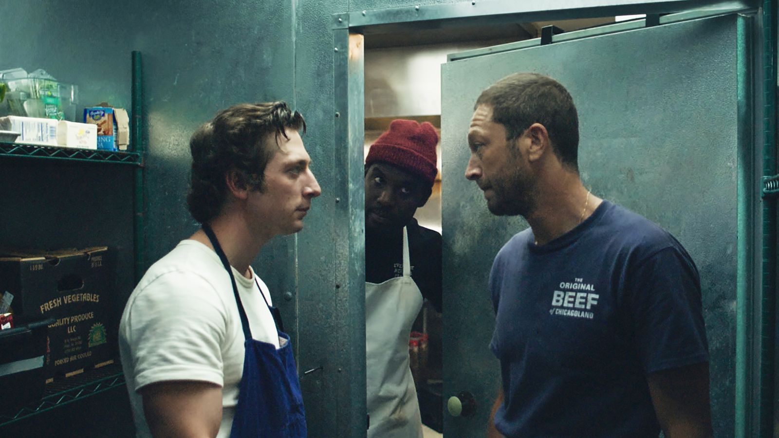 THE BEAR - Jeremy Allen White as Carmen 'Carmy' Berzatto, Lionel Boyce as Marcus, Ebon Moss-Bachrach as  Richard 'Richie' Jerimovich. THE BEAR -- Pictured: (l-r) Jeremy Allen White as Carmen 'Carmy' Berzatto, Lionel Boyce as Marcus, Ebon Moss-Bachrach as  Richard 'Richie' Jerimovich. CR: FX
