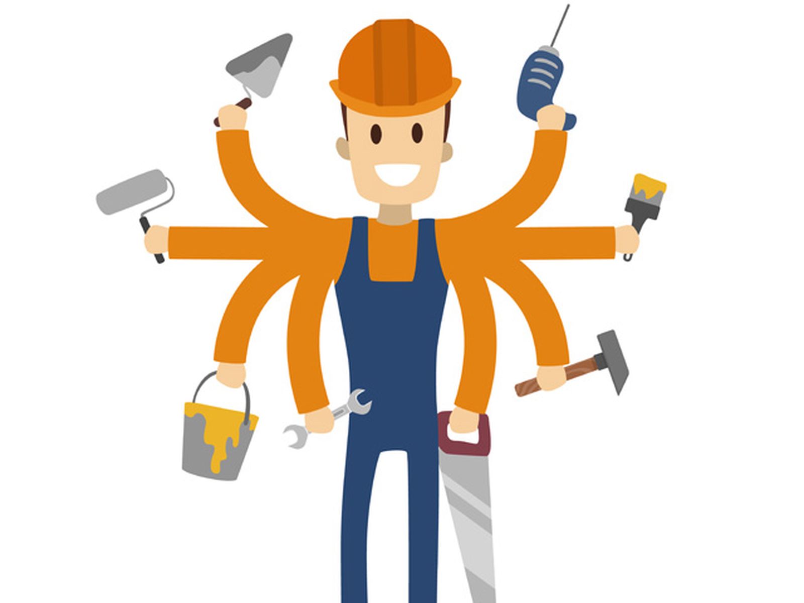 Multitasking construction worker with six hands on white. Multitasking construction worker with six hands on white.